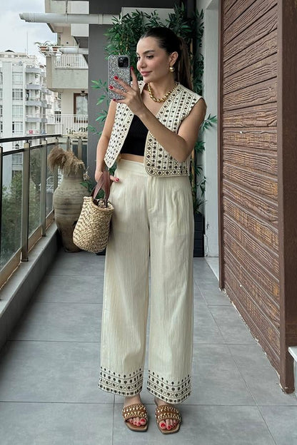 Kramer Nakışlı Yelek Pantolon Takım - Krem