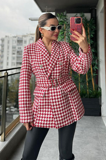 Krass Kemerli Kazayağı Desen Kaşe Ceket - Kırmızı