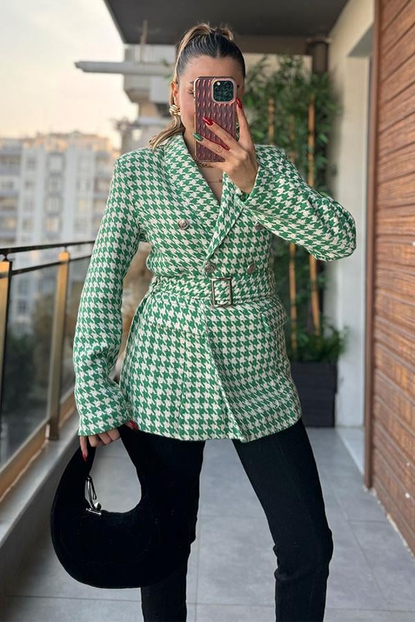 Krass Kemerli Kazayağı Desen Kaşe Ceket - Yeşil