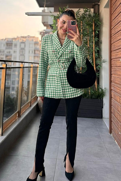 Krass Kemerli Kazayağı Desen Kaşe Ceket - Yeşil