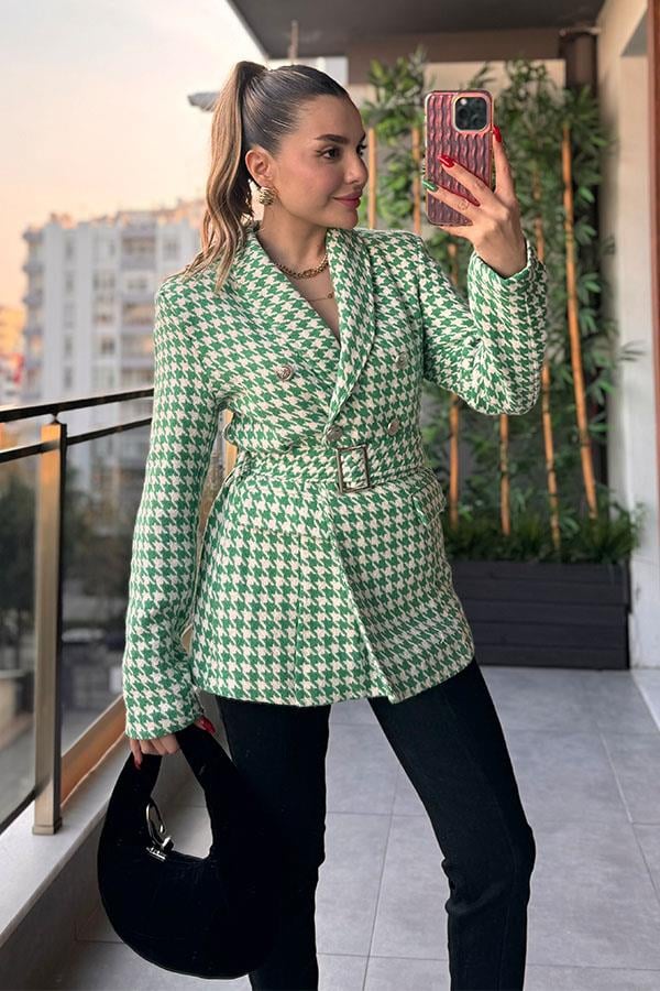 Krass Kemerli Kazayağı Desen Kaşe Ceket - Yeşil