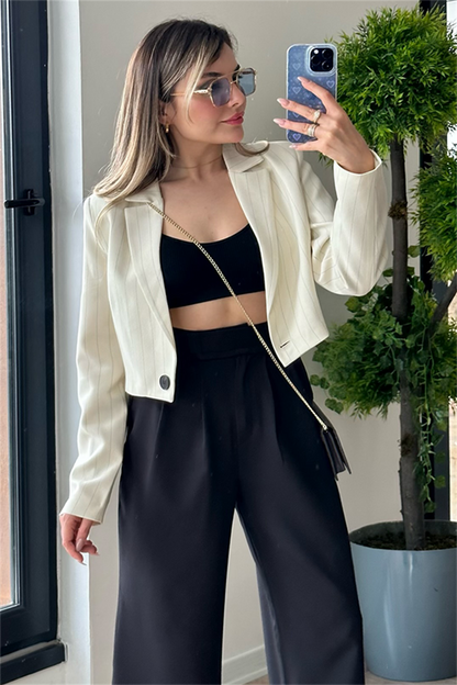 Krem çizgili crop blazer ceket