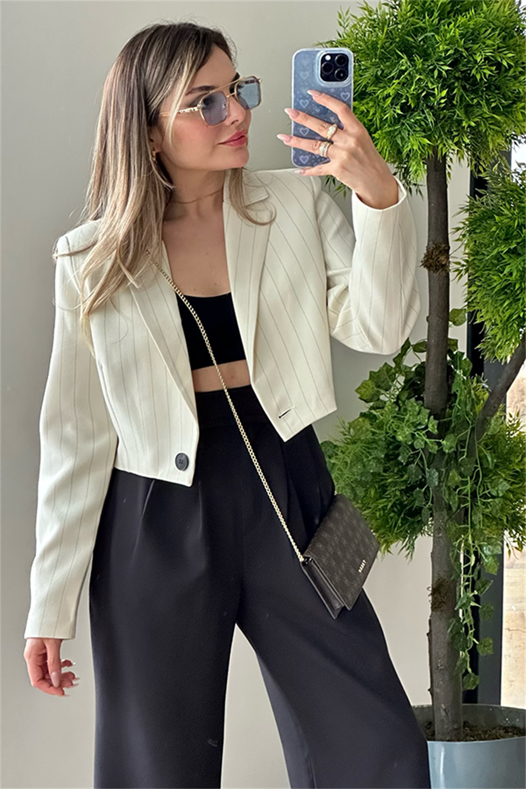 Krem çizgili crop blazer ceket
