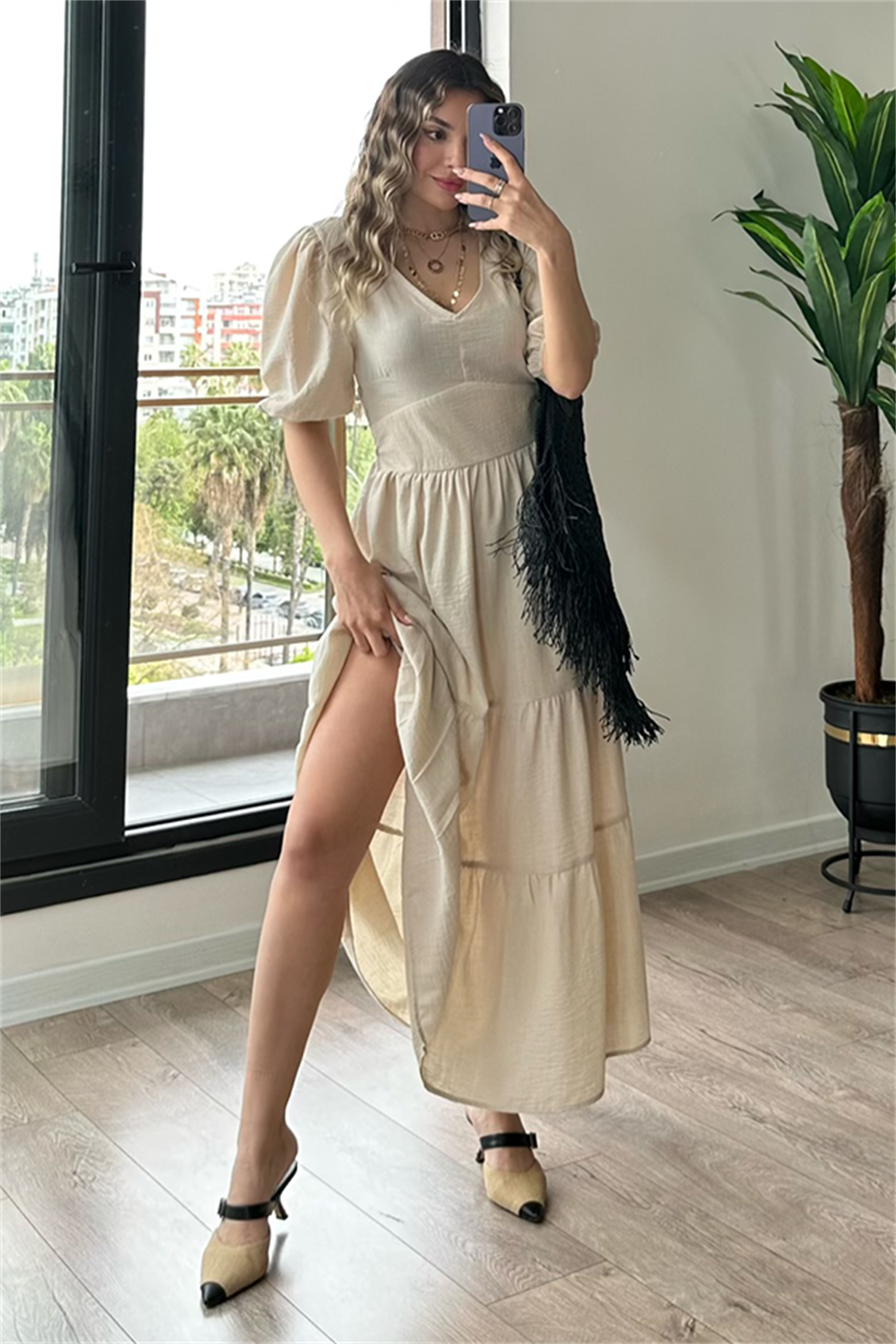 Krem karpuz kol keten elbise