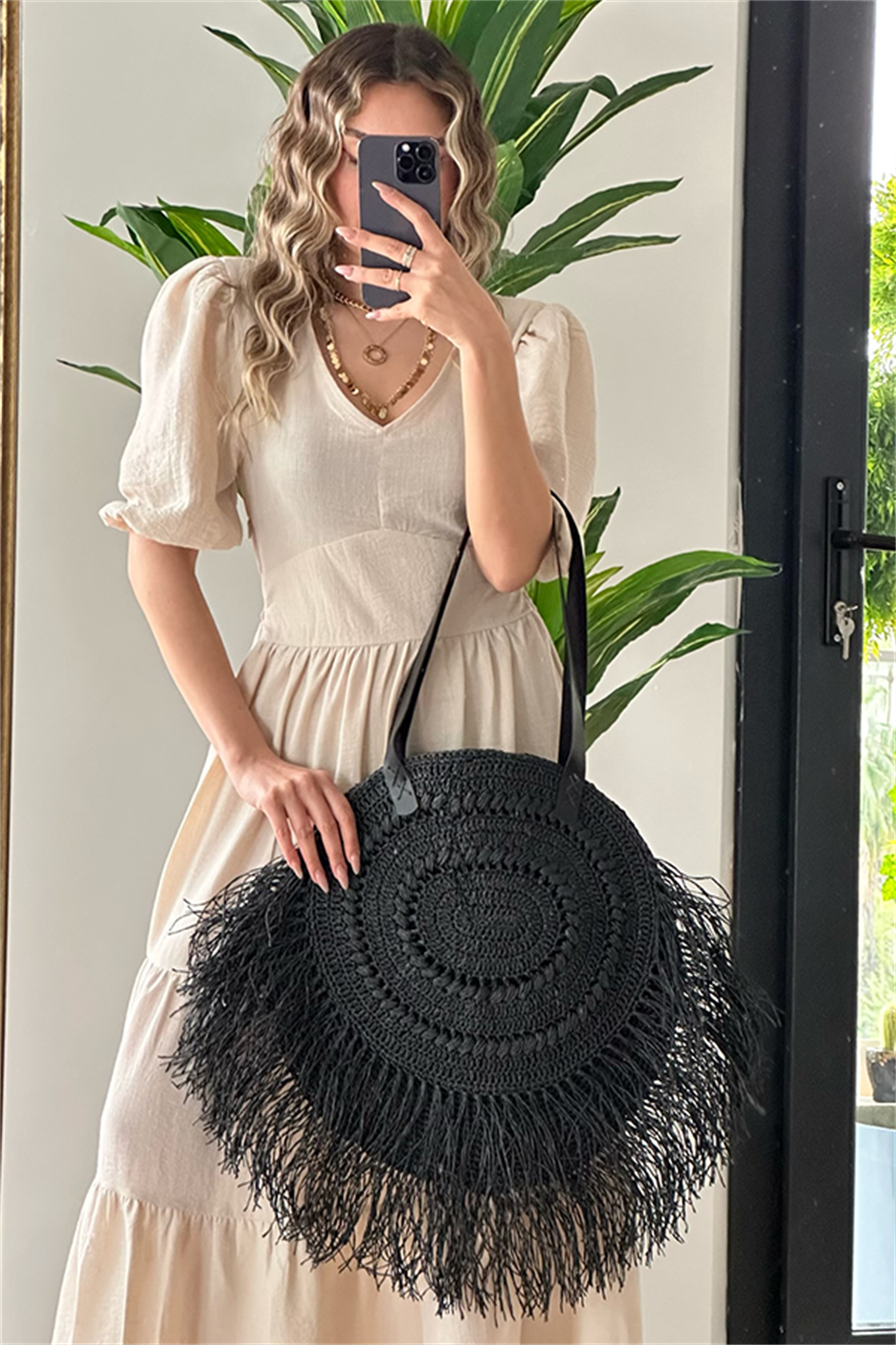 Krem karpuz kol keten elbise