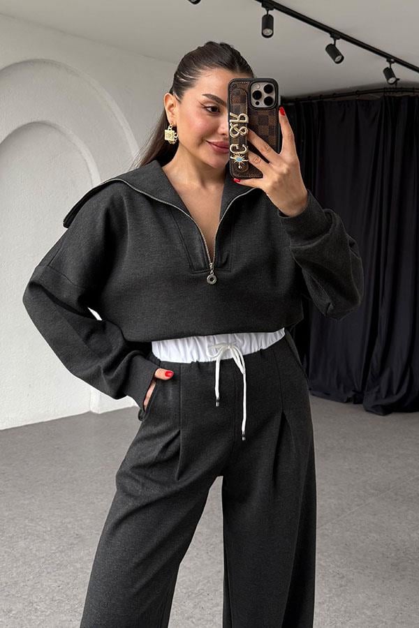 Krems Füme Fermuarlı Bel Detaylı Takım