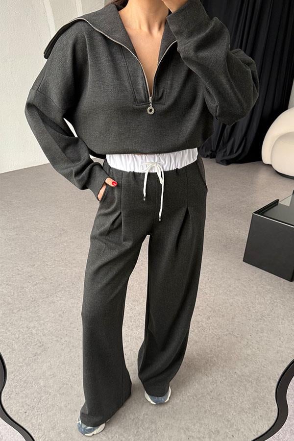 Krems Füme Fermuarlı Bel Detaylı Takım