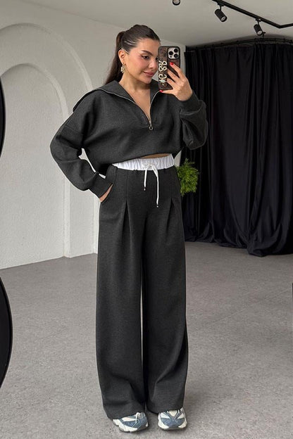 Krems Füme Fermuarlı Bel Detaylı Takım