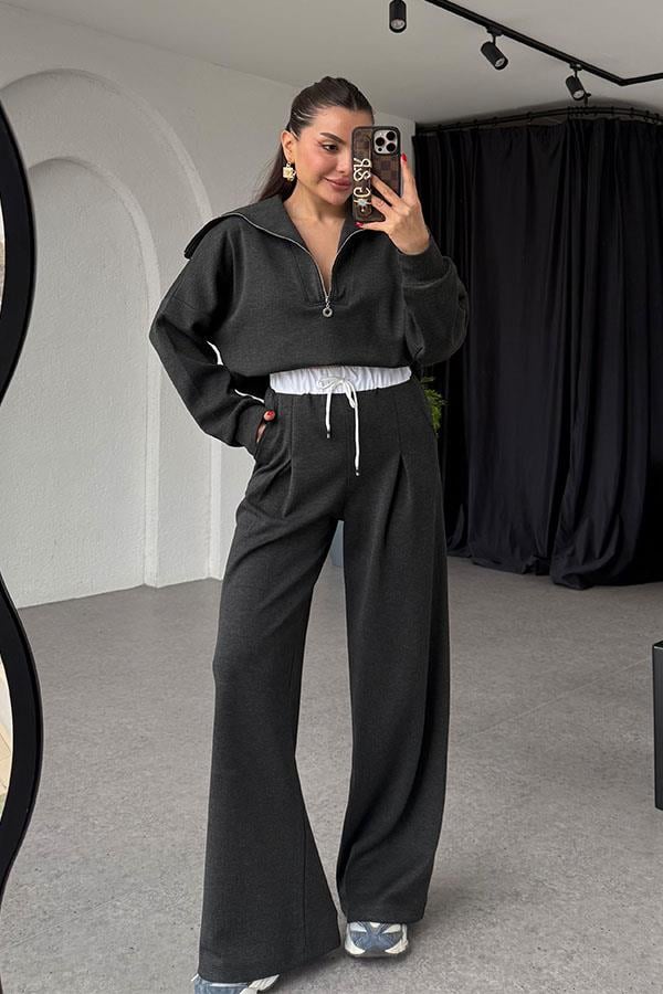 Krems Füme Fermuarlı Bel Detaylı Takım