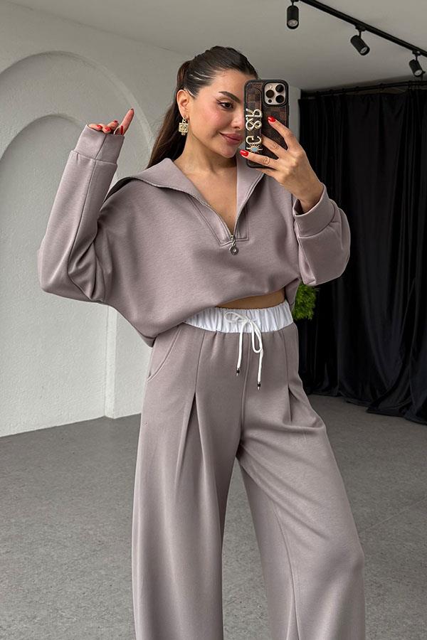 Krems Gri Fermuarlı Bel Detaylı Takım