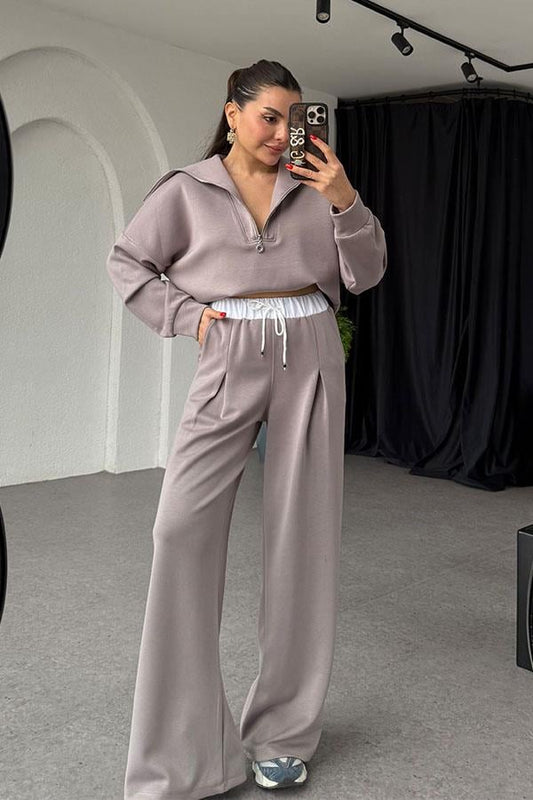 Krems Gri Fermuarlı Bel Detaylı Takım