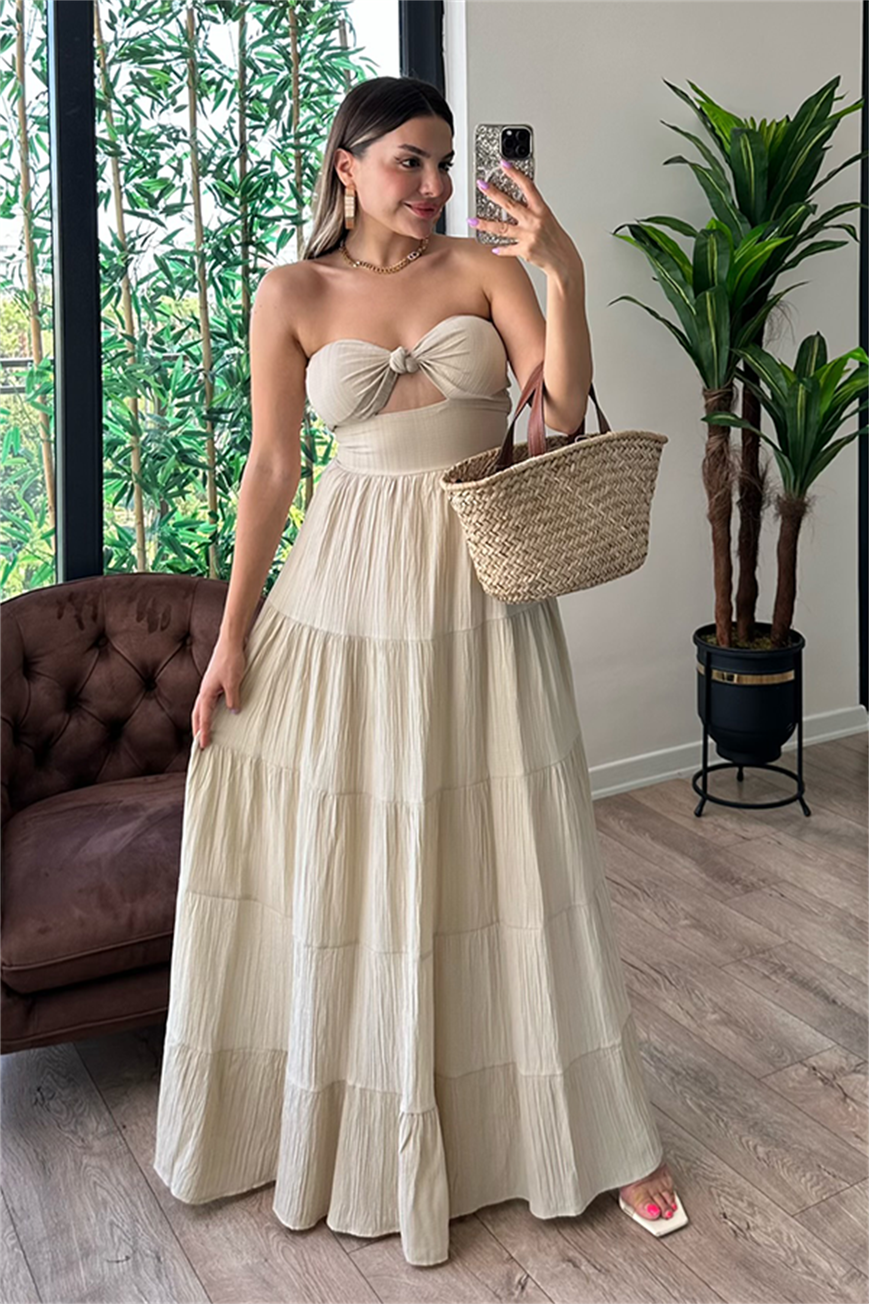 Krissy straplez göğüs dekolteli çan elbise - Krem