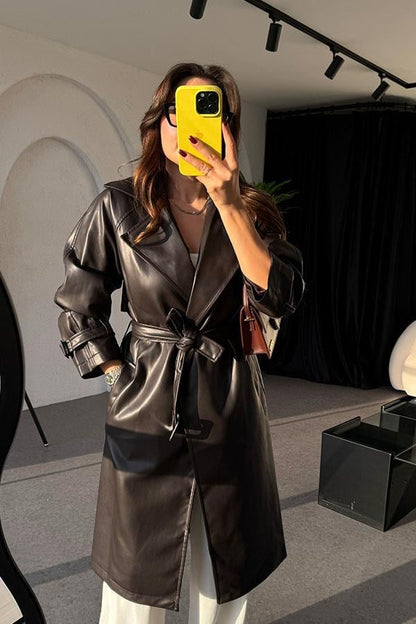 Kylie Kemerli Deri Acı Kahve Trençkot