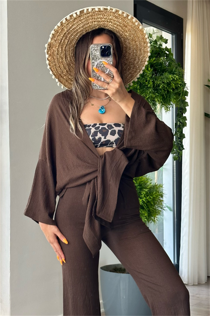 Kylo gofre kumaş kimonolu takım - Acı kahve