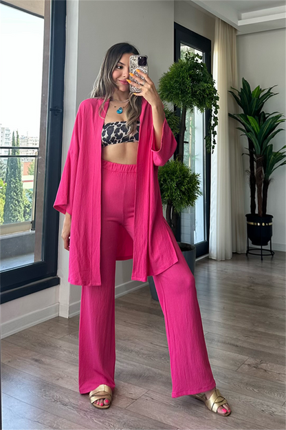 Kylo gofre kumaş kimonolu takım - Fuşya
