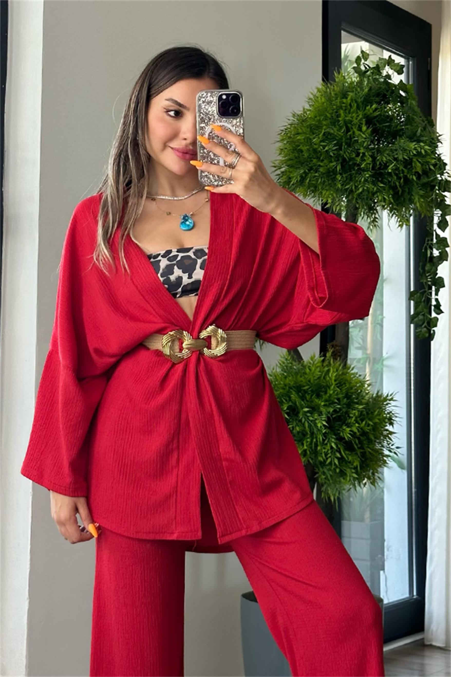 Kylo gofre kumaş kimonolu takım - Kırmızı