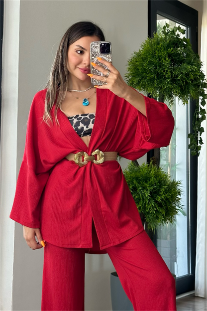 Kylo gofre kumaş kimonolu takım - Kırmızı