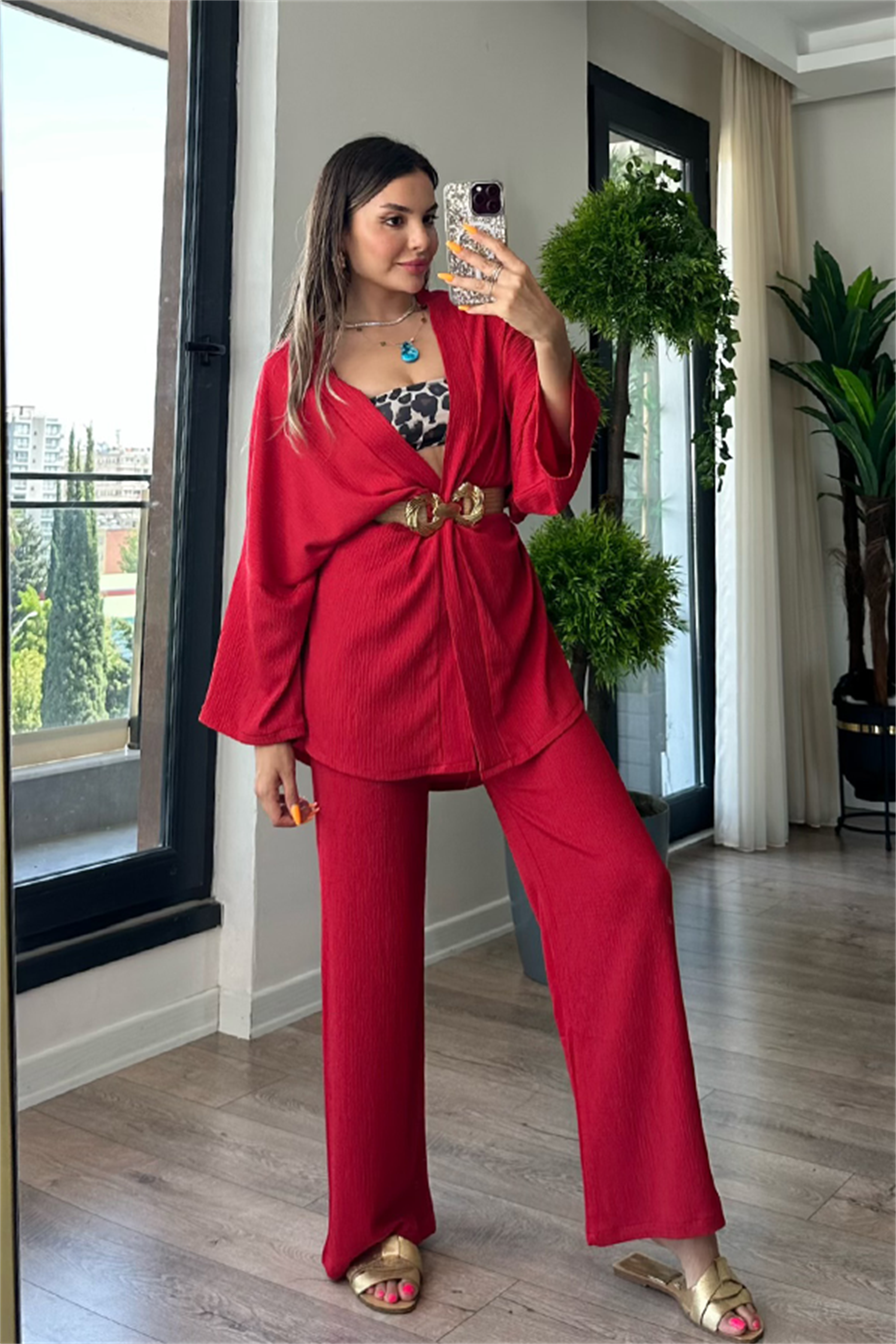 Kylo gofre kumaş kimonolu takım - Kırmızı