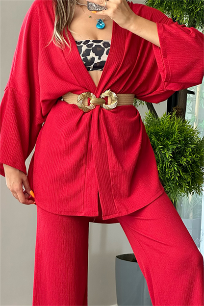 Kylo gofre kumaş kimonolu takım - Kırmızı