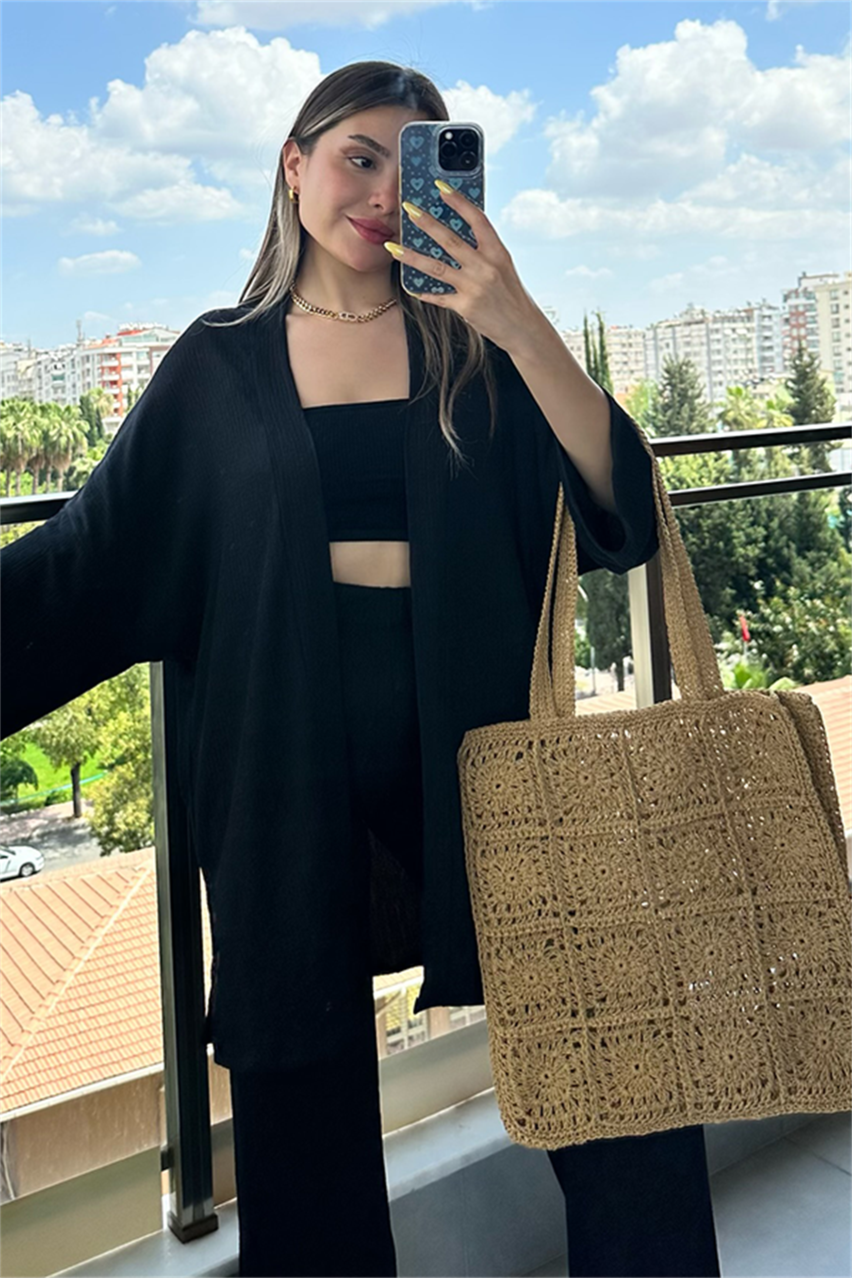 Kylo gofre kumaş kimonolu takım - Siyah