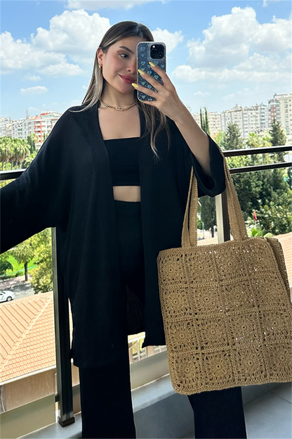 Kylo gofre kumaş kimonolu takım - Siyah