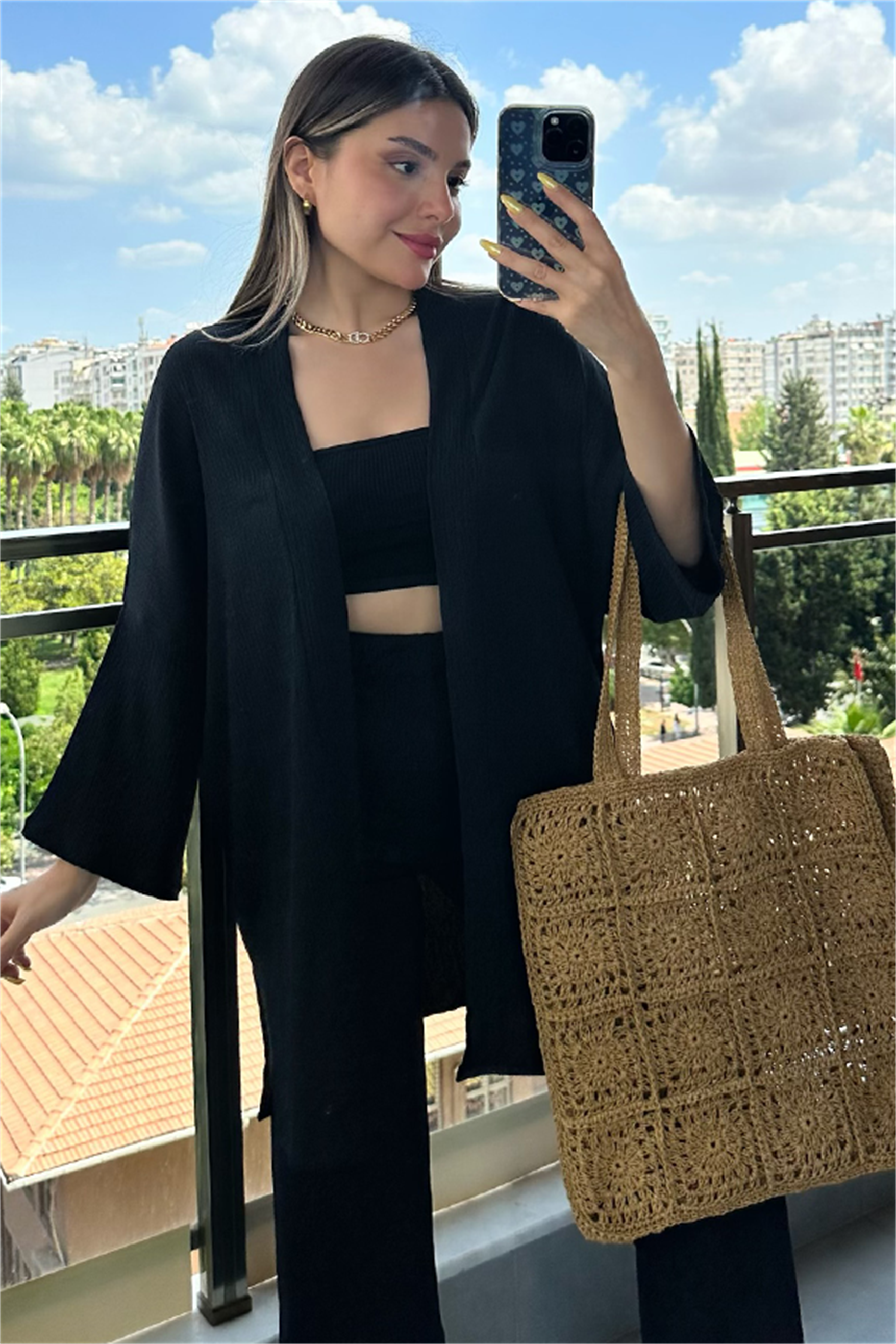 Kylo gofre kumaş kimonolu takım - Siyah