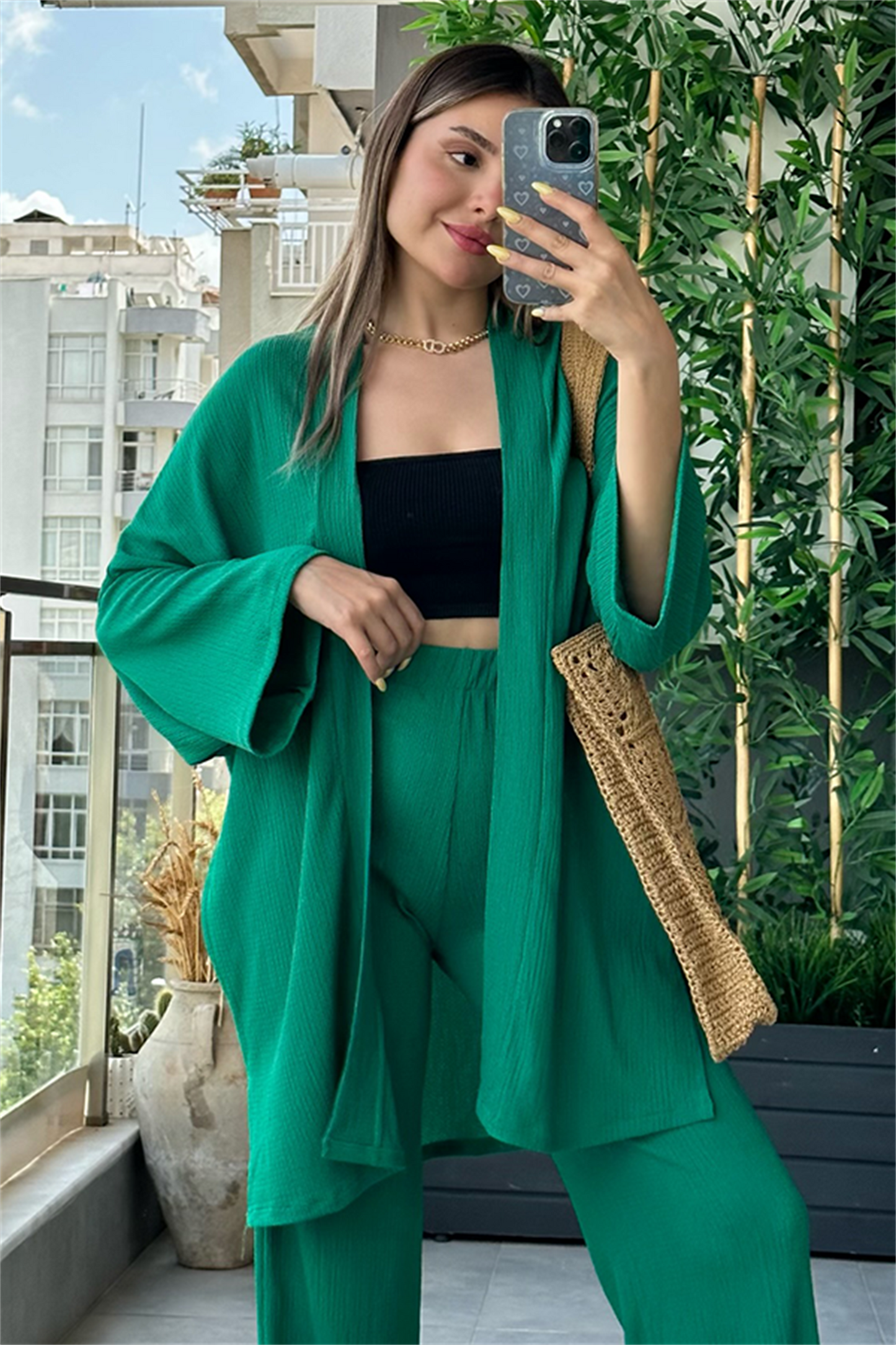 Kylo gofre kumaş kimonolu takım - Yeşil