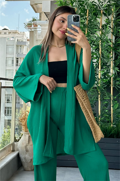 Kylo gofre kumaş kimonolu takım - Yeşil