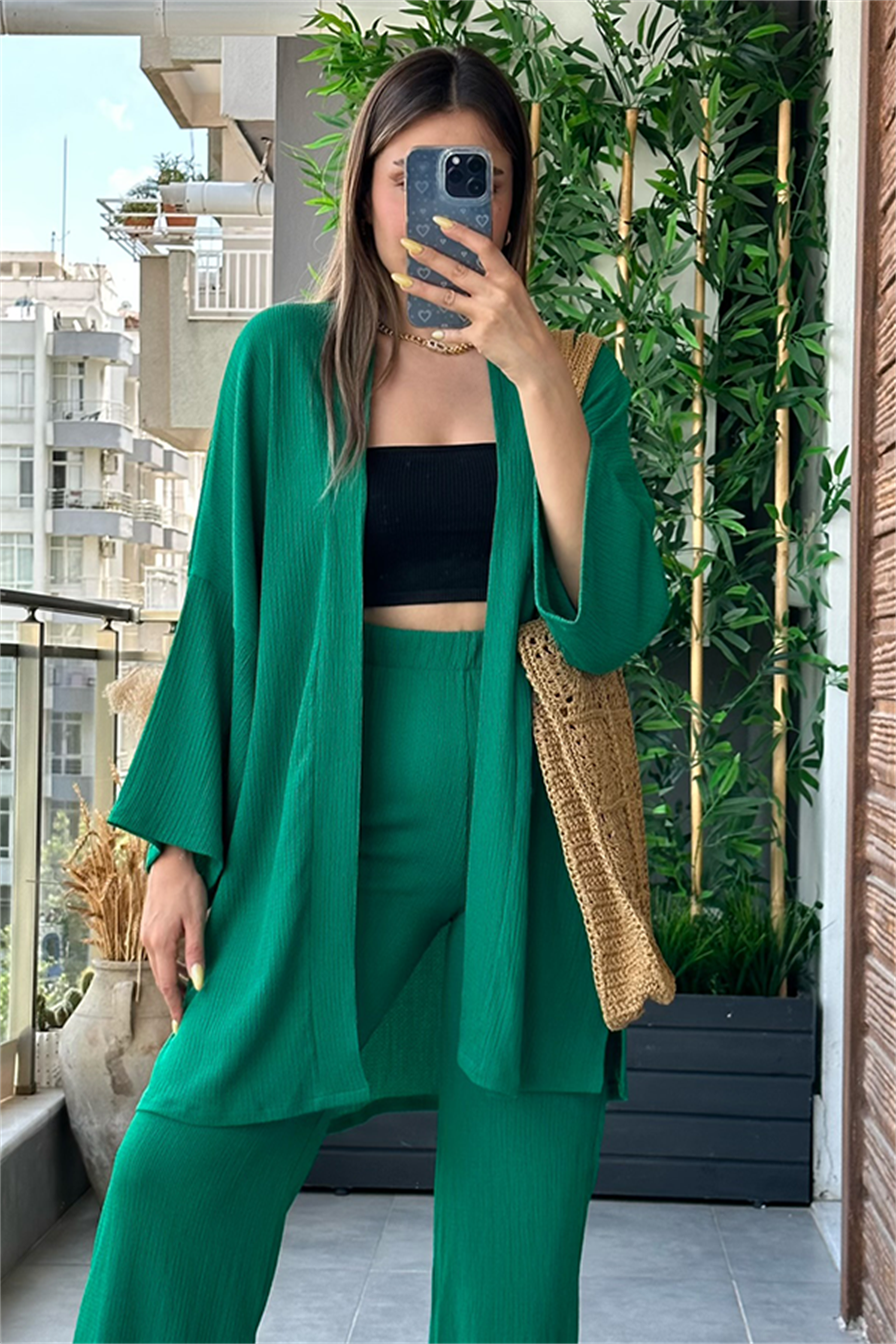 Kylo gofre kumaş kimonolu takım - Yeşil