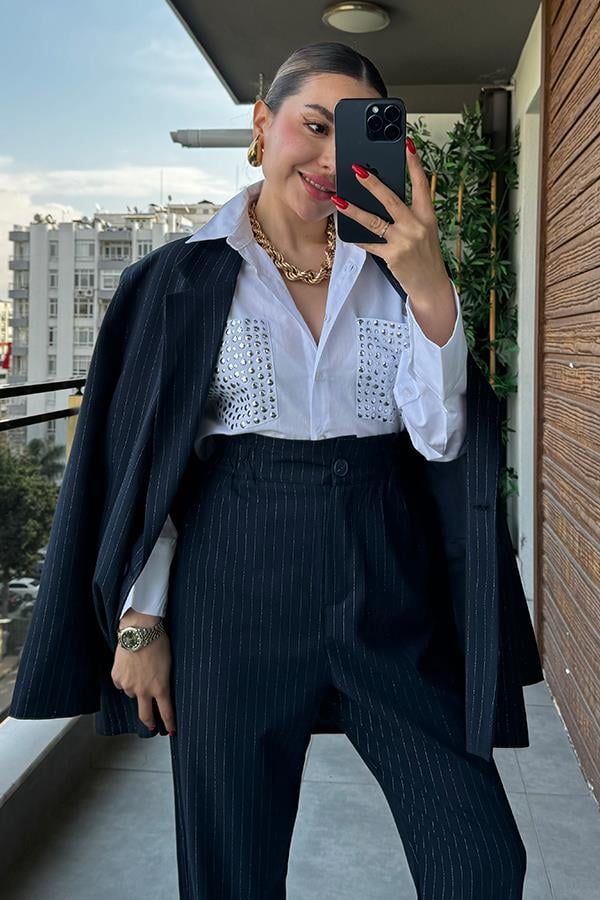 Kyotto Çizgi Detaylı Blazer Ceket - Lacivert