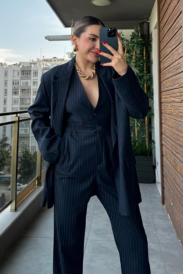 Kyotto Çizgi Detaylı Blazer Ceket - Lacivert