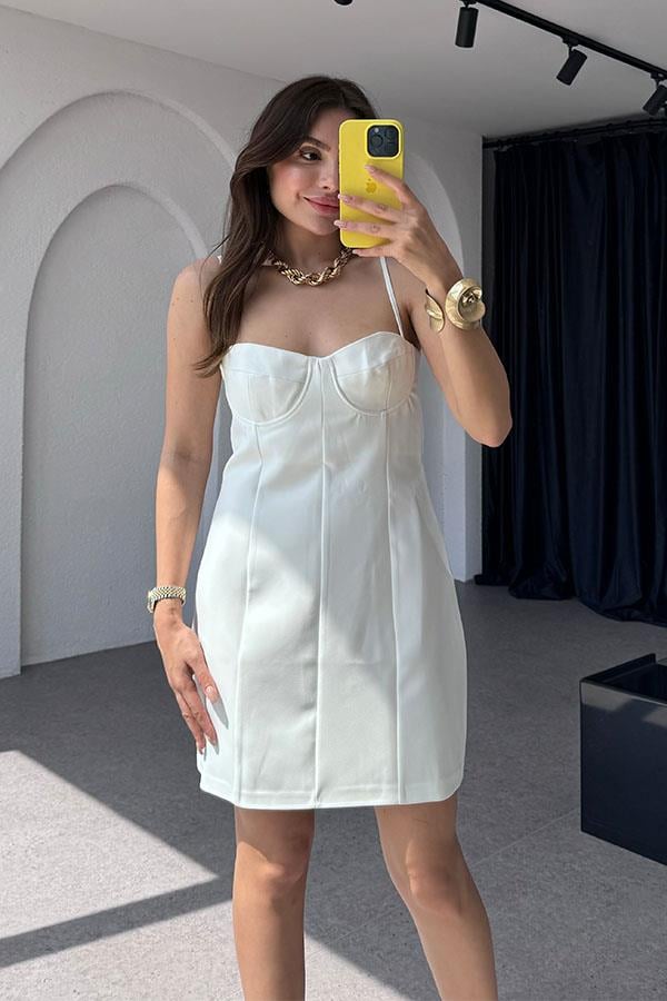 La Lune Askılı Mini Beyaz Elbise