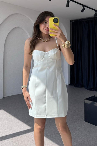 La Lune Askılı Mini Beyaz Elbise