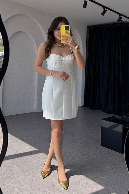 La Lune Askılı Mini Beyaz Elbise