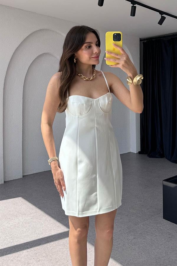 La Lune Askılı Mini Beyaz Elbise