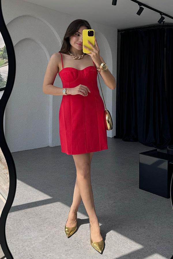 La Lune Askılı Mini Kırmızı Elbise