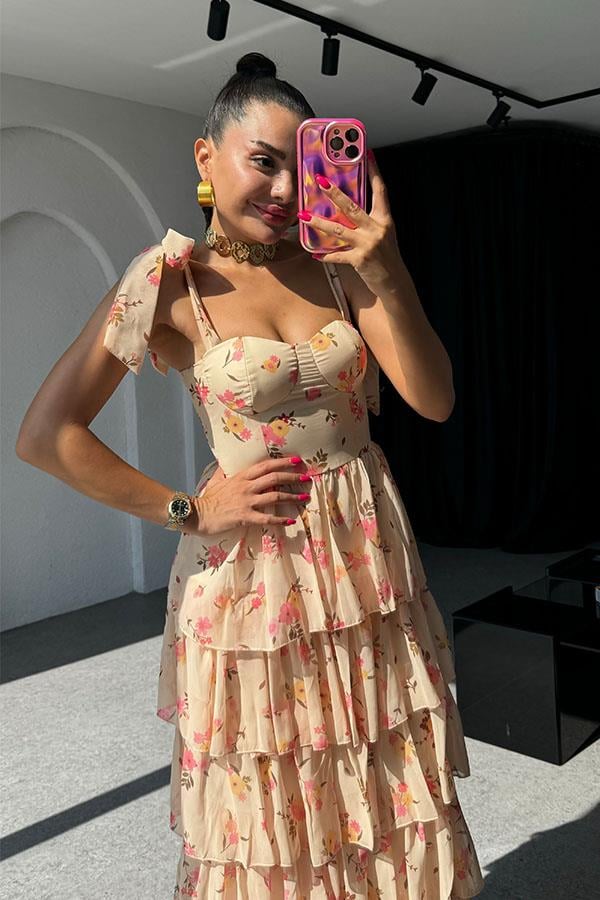 La Perla Şifon Çiçek Desen Askılı Elbise - Bej