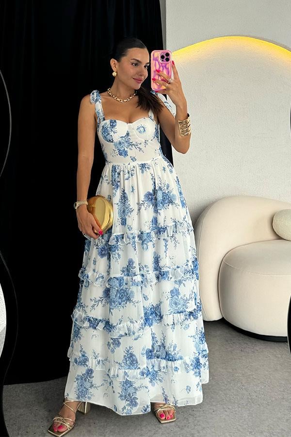 La Perla Şifon Mavi Çiçek Desen Askılı Elbise