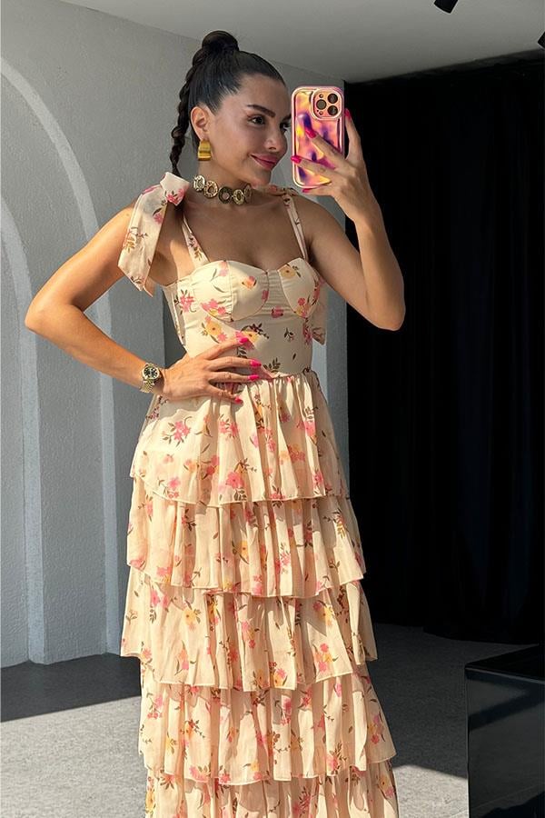 La Perla Şifon Çiçek Desen Askılı Elbise - Bej