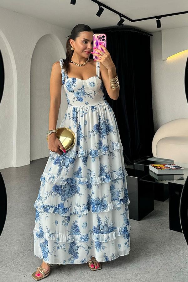 La Perla Şifon Mavi Çiçek Desen Askılı Elbise