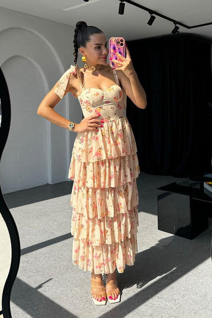 La Perla Şifon Çiçek Desen Askılı Elbise - Bej