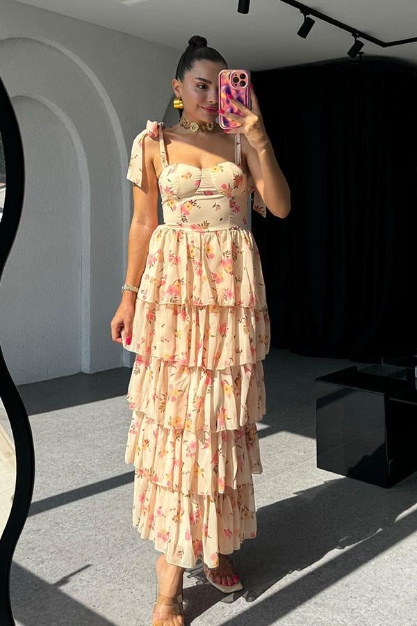 La Perla Şifon Çiçek Desen Askılı Elbise - Bej