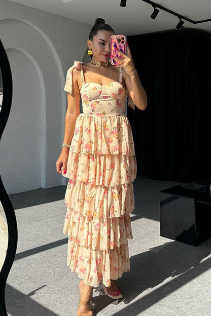 La Perla Şifon Çiçek Desen Askılı Elbise - Bej