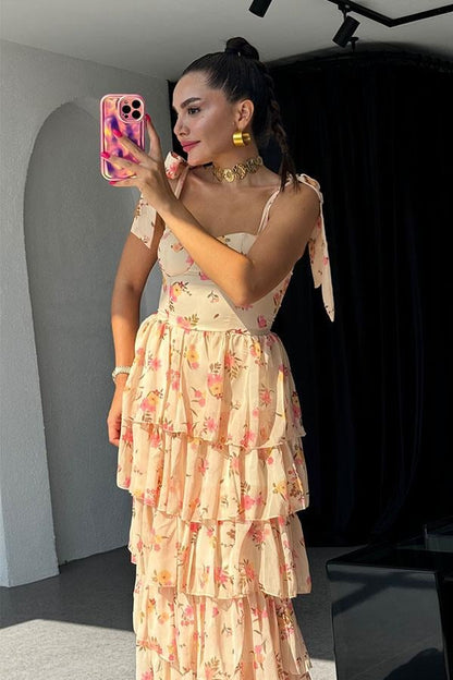 La Perla Şifon Çiçek Desen Askılı Elbise - Bej