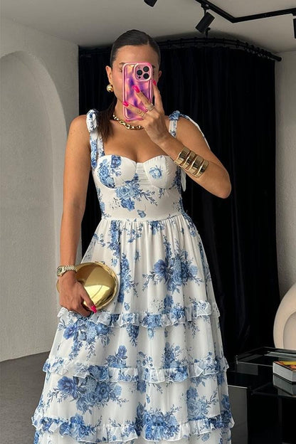 La Perla Şifon Mavi Çiçek Desen Askılı Elbise