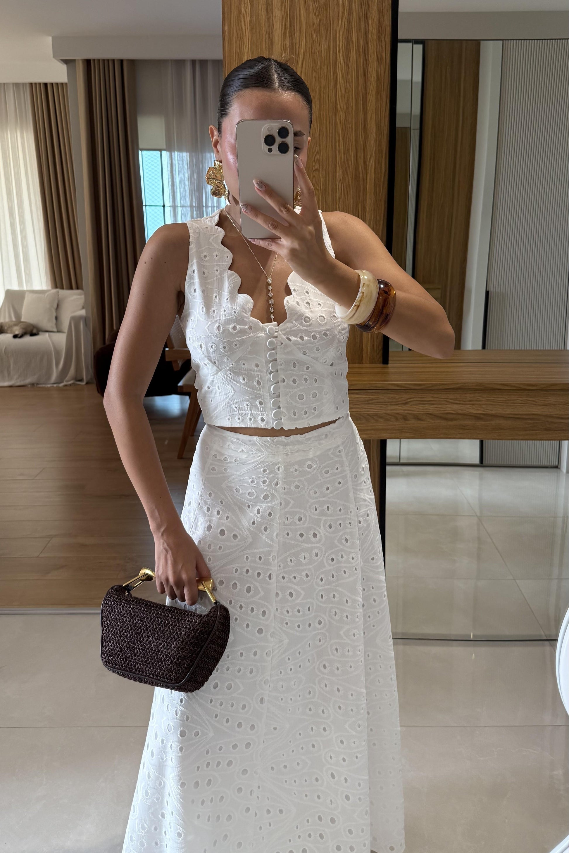 Labella Beyaz Brode Etek Yelek Takım