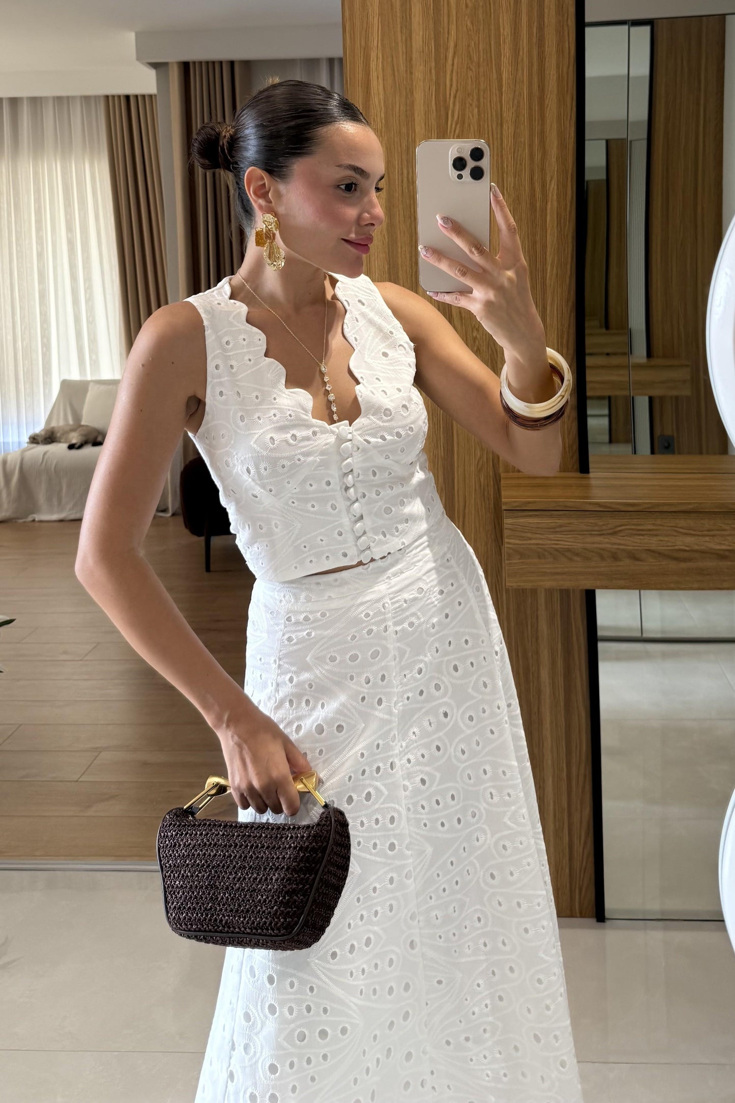 Labella Beyaz Brode Etek Yelek Takım