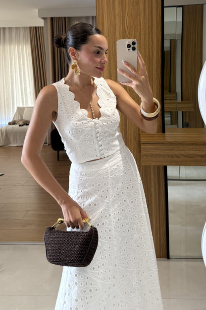 Labella Beyaz Brode Etek Yelek Takım