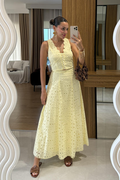 Labella Sarı Brode Etek Yelek Takım