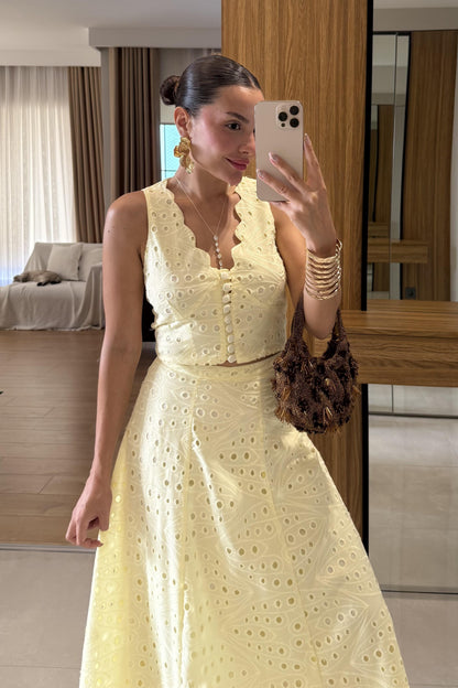 Labella Sarı Brode Etek Yelek Takım